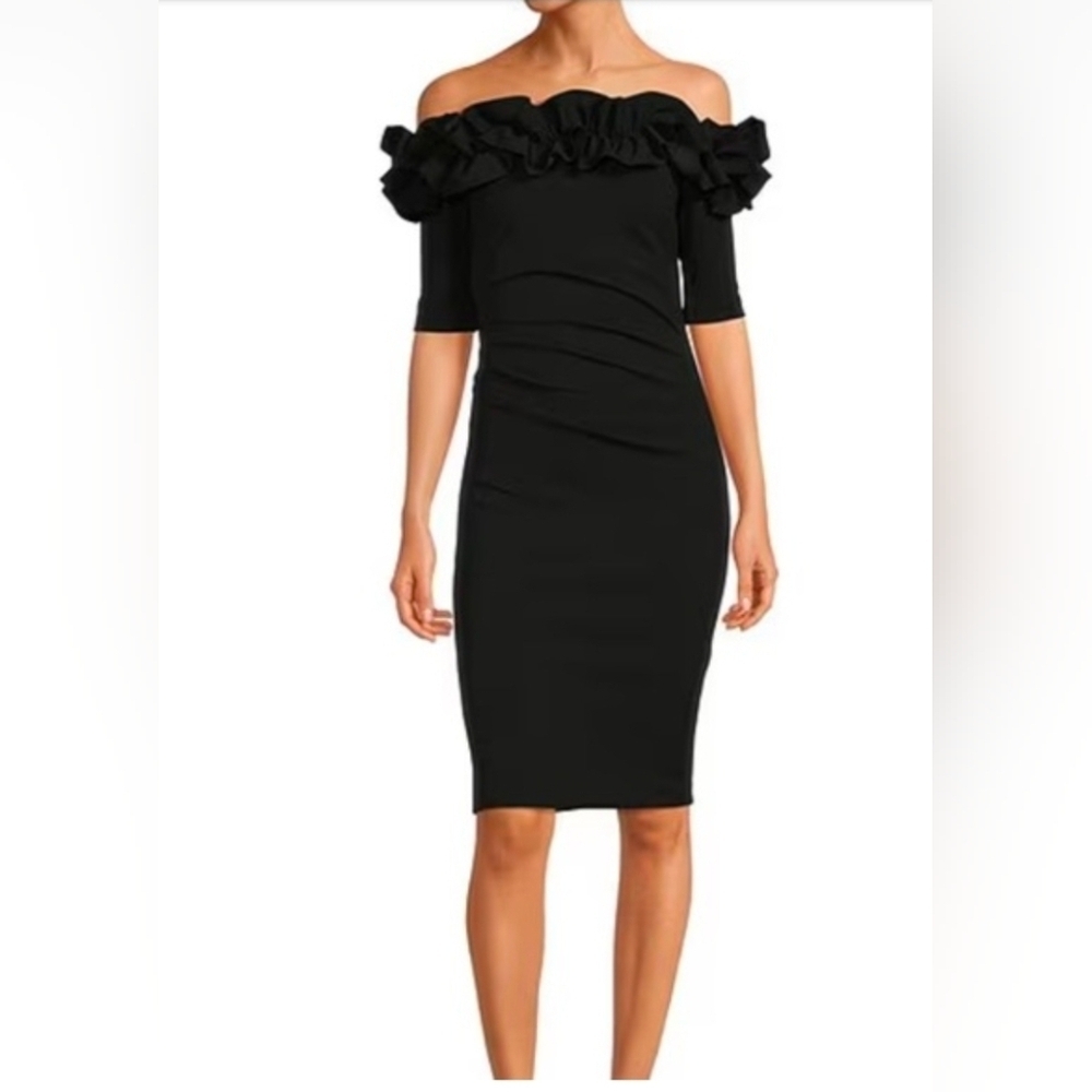 Xscape Off-the-Shoulder Ruffle Neck Scuba Dress Short Sleeve Stretch Black 16